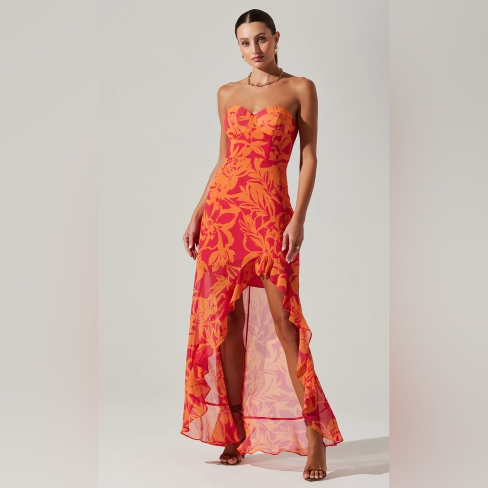 Astr Strapless Tropical Print Maxi Dress in Orange and Pink